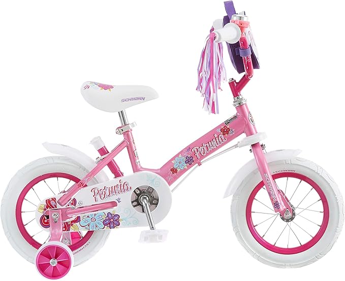 Schwinn Grit and Petunia Push Steer and Ride Kids Bike, For Boys & Girls Ages 2-4 Year Old, Rider Height 28-38 Inch,12-Inch Wheels, Training Wheels, Detachable Push Handle with Water Bottle & Holder