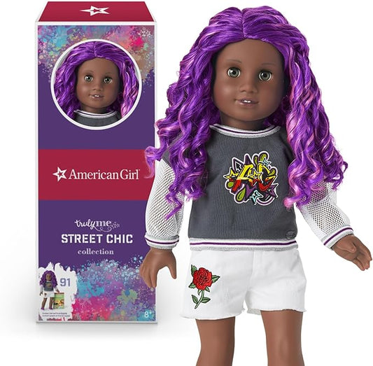 American Girl Truly Me 18-inch Doll #91 with Gray Eyes, Purple Hair, and Very Deep Skin in Graffiti Outfit, For Ages 6+