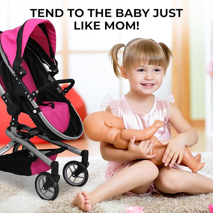 Mommy & Me 2 in 1 Deluxe Baby Doll Stroller, Toy Baby Stroller with Diaper Bag, Foldable, Doll Carriage for Kids, 32 Inches
