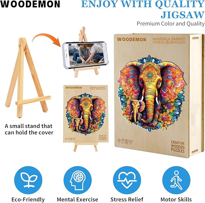 Wooden Puzzles for Adults, Mandala Elephant (M-200pcs) Wooden Jigsaw Puzzles Kids, 9.6 * 9.3in Unique Shaped Animal Wood Puzzles Adults, Fathers Birthday Family Games