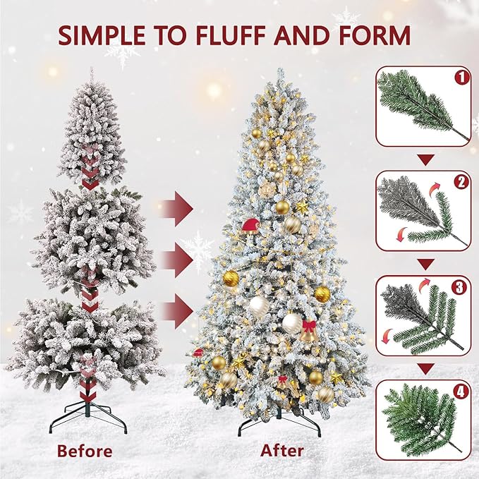 7.5 ft Flocked Christmas Tree Prelit, Include Premium Stand & Storage Bag, 798 Warm & Multi-Color Automatic Lights, 3-Minute Quick Power Connect, 1869 PVC Branch Tips for Indoor Holiday Decorating