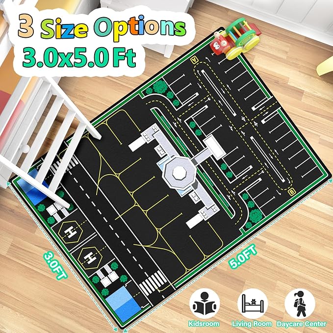 Kids Rug, Road Rug for Kids with Combined City Road Traffic System, Car & Airport Rugs, 3x5 Ft Children’s Play Rugs for Playroom, Children’s City Traffic Map Fun Car Carpet, Non-Slip