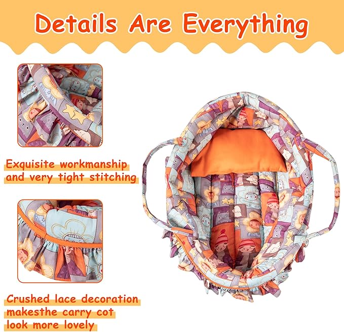 Doll Carry Cot Set Doll Carrier Soft Basket Bassinet, Includes 1 Cot and 1 Pillow, Orange Cartoon Doll Bassinet, Fits for 18-inch American Girl Dolls
