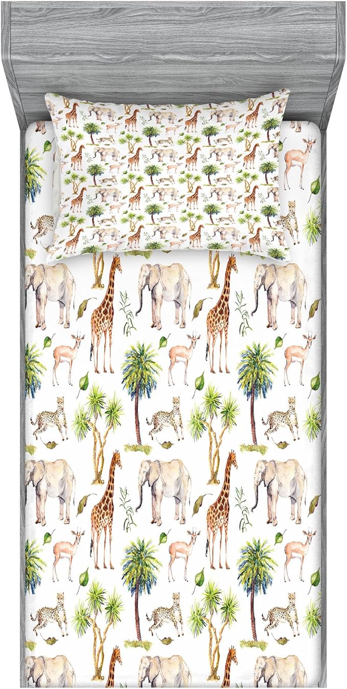 Ambesonne Watercolor Elephant Fitted Sheet & Pillow Sham Set, Wild Animals Giraffe Cheetah Antelope Savannah Palm Trees Tropic, Decorative Printed 2 Piece Bedding Decor Set, Twinxl, Green Pale Brown