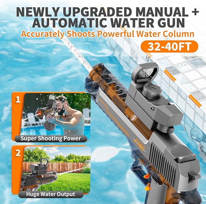 Automatic Manual Dual Modes Electric Water Guns - 36FT Transparent Automatic Long Range Squirt Guns High Powerful Strongest Water Gun Best Water Gun for Summer Pool Toys for Kid & Adult - Grey