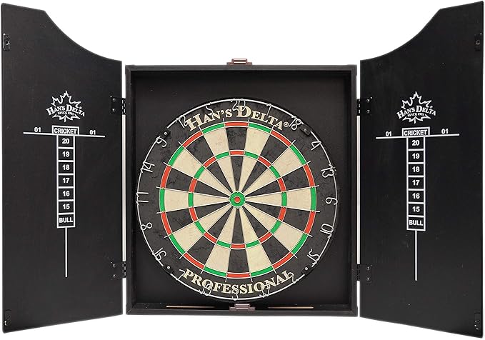 HAN'S DELTA Professional Bristle Dartboard Cabinet Set, Metal Corner Reinforcement, Regulation Steel Tip Dartboard, Includes 6 Steel Tip Darts and Scoreboards (Black)