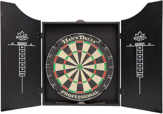 HAN'S DELTA Professional Bristle Dartboard Cabinet Set, Metal Corner Reinforcement, Regulation Steel Tip Dartboard, Includes 6 Steel Tip Darts and Scoreboards (Black)
