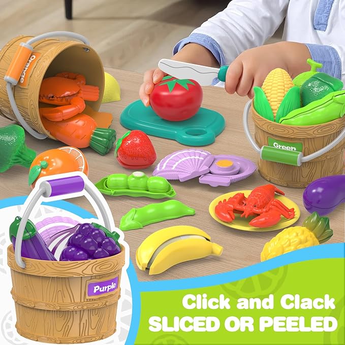 Sorting Play Food Sets - 5 Buckets with Handle, 1 Storage Basket, Cutting Fake Food Toys for Kids Kitchen, Pretend Play Accessories for Toddler, Preschool Learning Educational Birthday