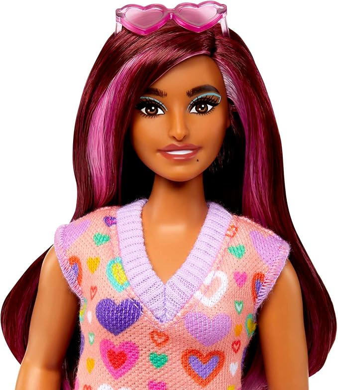 Barbie Fashionistas Doll #207 with Pink Hair Streaks Wearing Removable Heart-Print Sweater Dress, Sunglasses & Platform Shoes