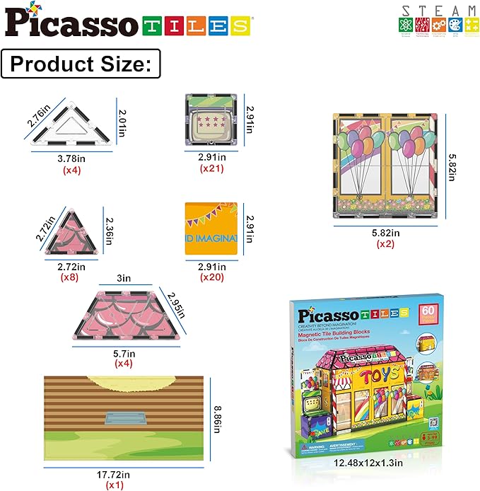 PicassoTiles 60pc Magnetic Building Block Magnet Tile Toy Shop Theme Pretend Play Construction Kit Reconfigurable Printed Structure Double-Sided Printing Education STEM Learning Playset Ages 3+ PTQ50