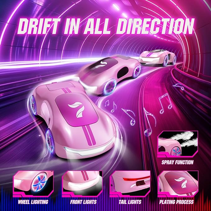 Gesture Sensing Remote Control Car, Drift RC Stunt Car with Light Spray & Sound, 2.4GHz Hobby RC Cars Toy for Kids, 360° Rotate, Birthday Gifts for Boys Girls 6-12(Pink)