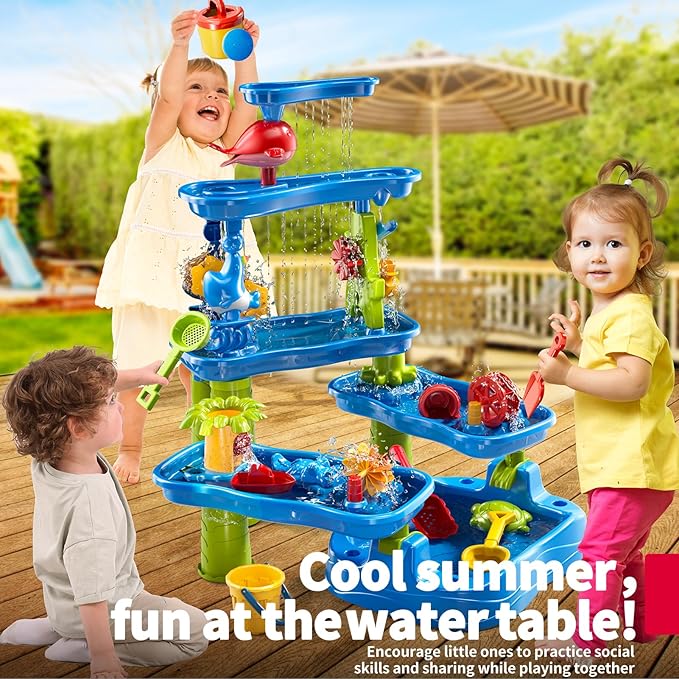 5-Tier Water Table for Toddlers Kids 3-5 4-8, Sand and Water Play Set with Rain Showers Pond, Summer Outdoor Toys Beach Toys Water Sensory Table, Birthday Party Gifts for Kids Boys Girls