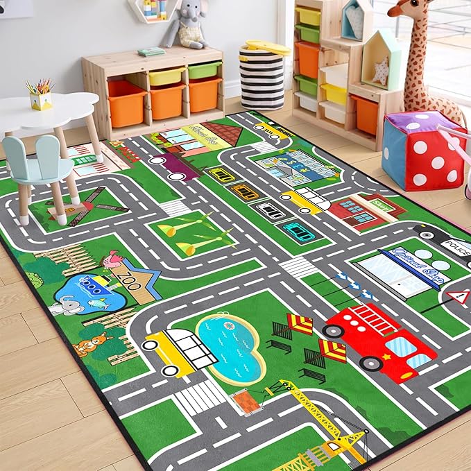 Car Rugs for Kids - Car Track Carpet for Boys Road Rug for Bedroom Road Map Carpet for Kids Play Mat Farm, 4. 5x6 Feet