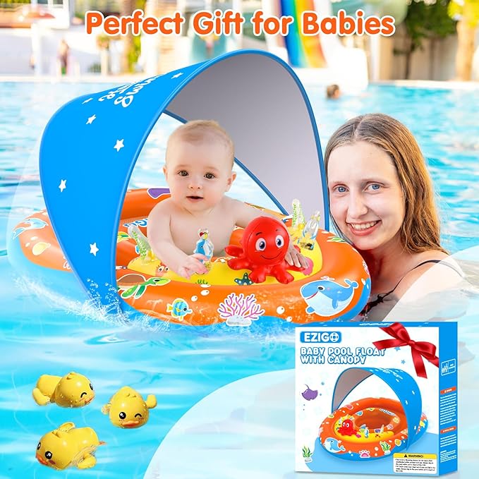 EZIGO Baby Pool Float with Canopy UPF 50+ Sun Protection, Double Air Chambers Infants Swimming Floats with Sound Toys Adjustable Safety Seat Toddler Float for Boys and Girls 6-36 Months