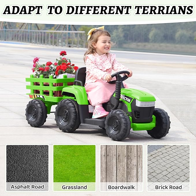 TOBBI Kids Electric Ride On Toy Tractor, 12v Battery-Powered 4 Wheels Ride On Car with Trailer, 35W Dual Motors/3-Gear-Shift/LED Lights/USB Audio Functions for Toddlers 3-6 Years-Green