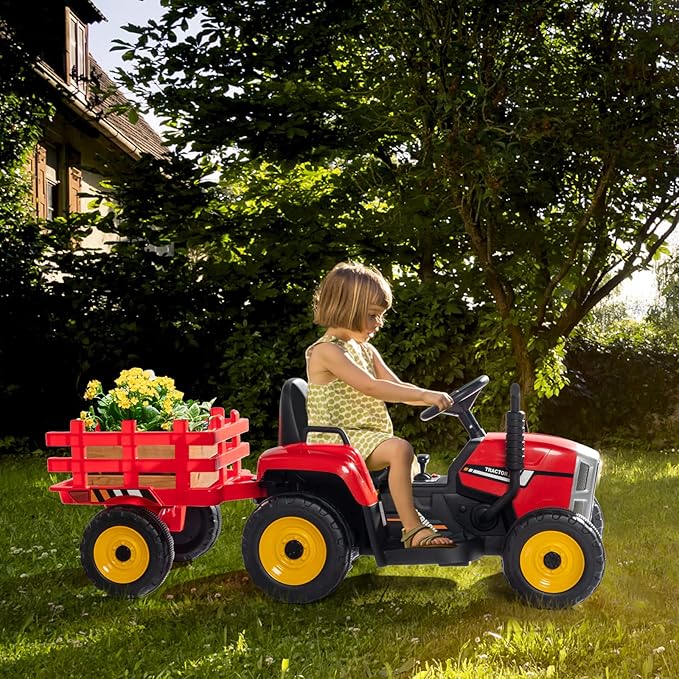 JOYMOR Ride on Tractor with Remote Control, 25W Motors Electric Tractor with Trailer for Toddler, 12V Battery Powered Ride on car Toy for Boys and Girls