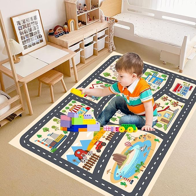 Kids Car Rug Play Mat Carprt for Playroom Classroom, largr Educational Area Rugs with Non-Slip Backing, City Life Play Carpet for Playing Cars Toys Ideal Gift for Children Boy Girl 2.6x3.9ft