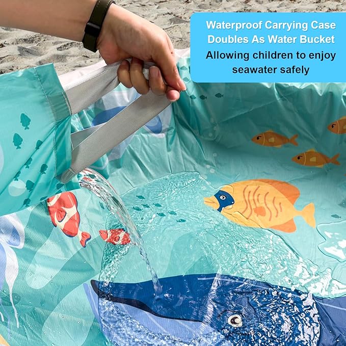 Square Baby Beach Pool, 6.5 X 6.5Ft Portable Cartoon Ocean Theme Toddler Beach Puddle, Waterproof Sandproof 2 in 1 Cute Toddler Paddling Pool Beach Blanket with Carrying Bag for Boys Girls