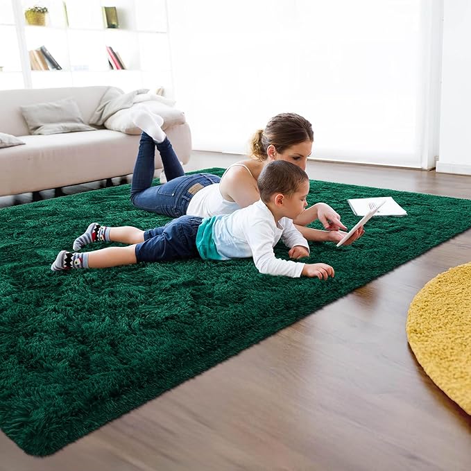 6x9 Fluffy Soft Dark Green Rugs for Living Room Bedroom, Large Plush High Pile Deep Green Carpet for Classroom Kids Boys Playroom Toddler Nursery Dorm Home Decor, Modern Indoor Non Slip Rug