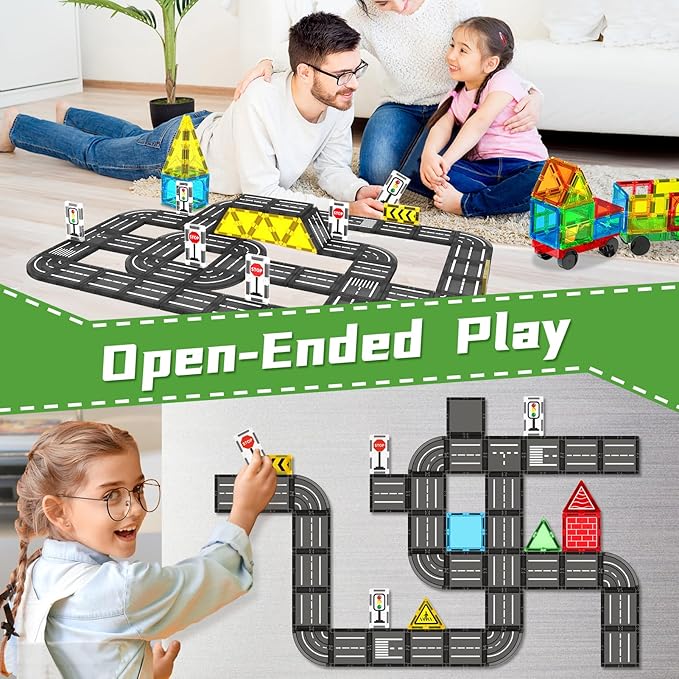 Magnetic Tiles Road Set, Magnet Tiles for Kids Ages 3-5 4-8 5-7, Magnetic Building Blocks Montessori Educational STEM Creativity Toys 3+ Year Old Boys & Girls Toddlers Kids Christmas Birthday Gifts