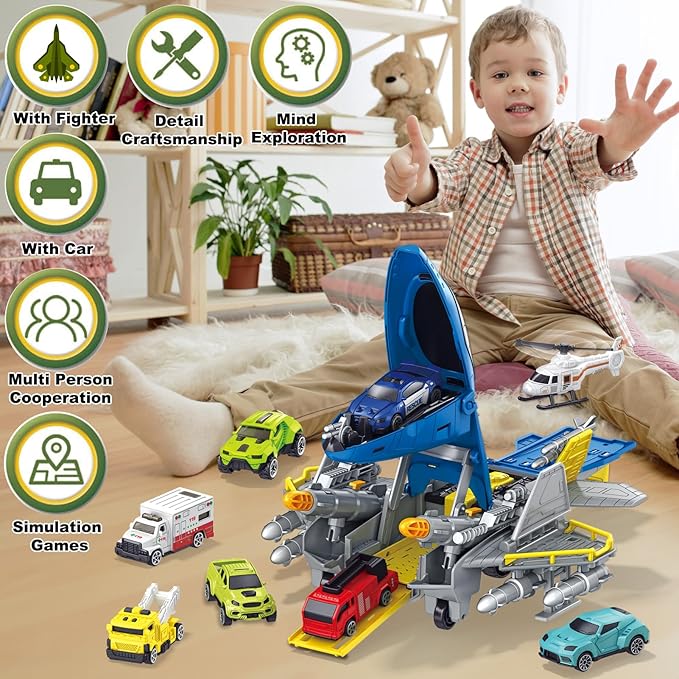Fighter Toys with Mini Helicopter, Fire Truck, Construction Police Rescue Cars, Airplane, Educational Learning Toys for Kids Ages 3-12 (ASTM Certified), Blue