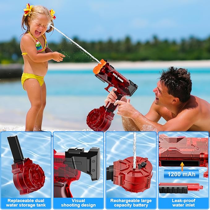 artcool Stronger Electric Water Gun for Kid/Aldult,Transparent Automatic Squirt Guns High Powered IP67 Waterproof, Water Guns with 400 Ammos for Outdoor Summer Beach Pool (Red)