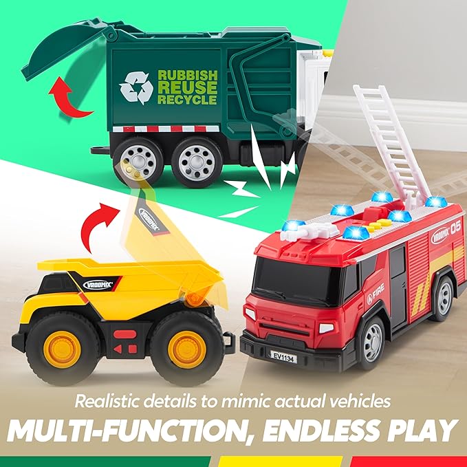 3-Pack Utility Trucks Toy Set – Friction Powered Garbage Truck, Fire and Construction Vehicle with Lights and Sounds – Educational Gift for Boys, Ideal for Kids Toddler