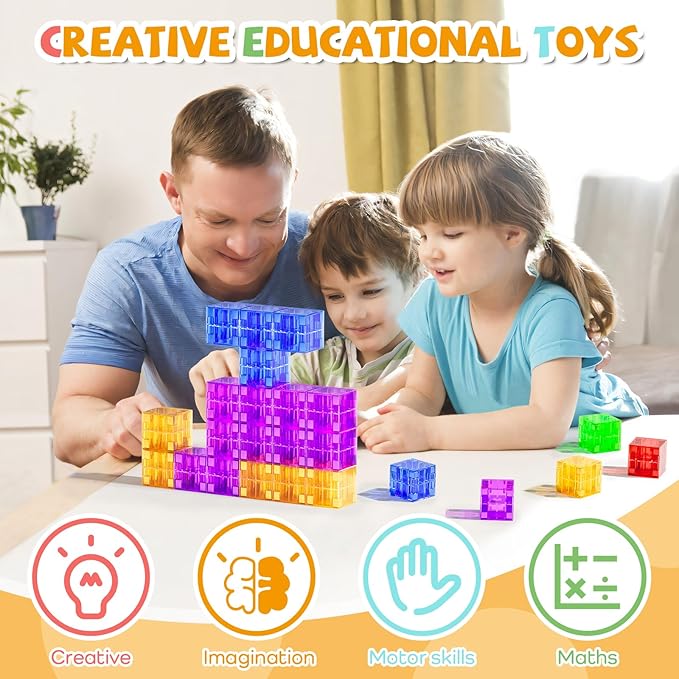 56PCS Magnetic Blocks, Transparent Magnetic Cubes, Magnet Building Blocks for Toddlers 3+, Montessori Toys, Preschool STEM Educational Sensory Magnet Toys for Kids Ages 3-5 Year Old Boys and Girls