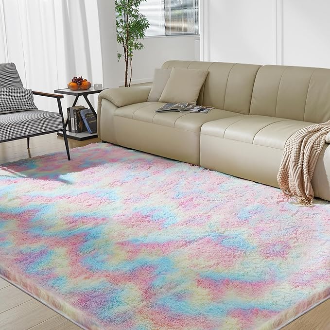 Ultra Soft Rug for Living Room, 8X10 Fluffy Shag Area Rug for Bedroom, Modern Shaggy Carpets Fuzzy Rug for Teens Dorm Nursery Home Decor Aesthetic, Upgrade Anti-Skid Durable, Rainbow