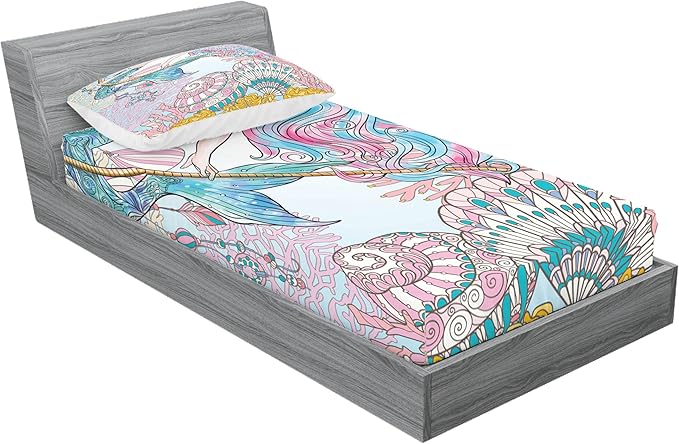 Ambesonne Mermaid Fitted Sheet & Pillow Sham Set, Cartoon Woman in Sea Sirens of Greek Myth Female Human Tail of Fish Image, Decorative Printed 2 Piece Bedding Decor Set, Twin, Pink Navy