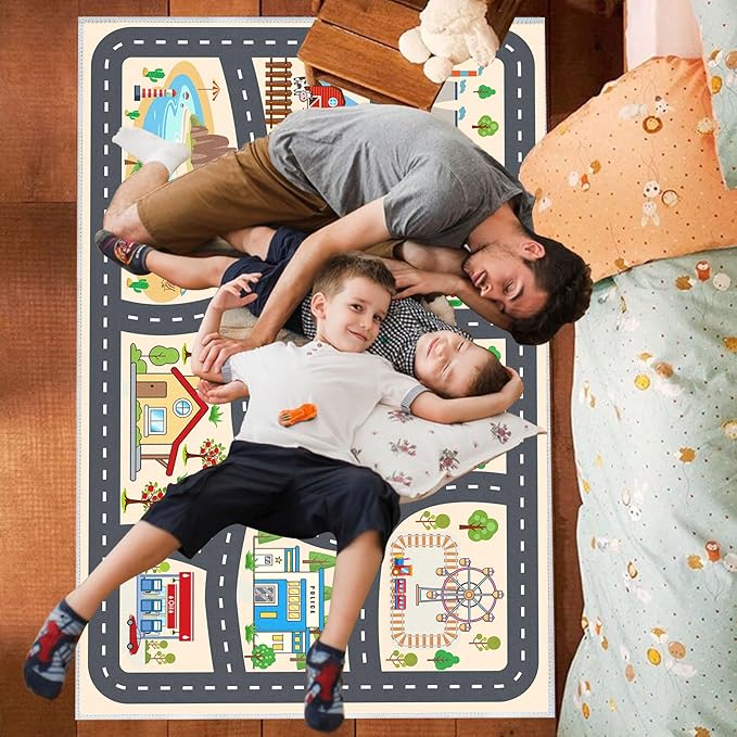 Kids Car Rug Play Mat Carprt for Playroom Classroom, largr Educational Area Rugs with Non-Slip Backing, City Life Play Carpet for Playing Cars Toys Ideal Gift for Children Boy Girl 3.3x4.9ft