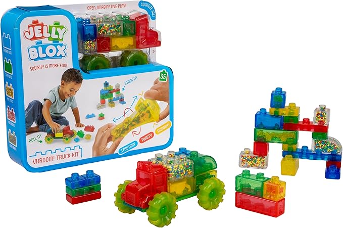 Goliath Jelly Blox Vrooom! Truck Kit | Includes 35 Blocks | Toddler & Preschool Building Blocks Kids Can Squeeze, Stretch, Squish | Safety Tested & Ouch-Free | Tactile, Sensory Play Toy for Ages 2+