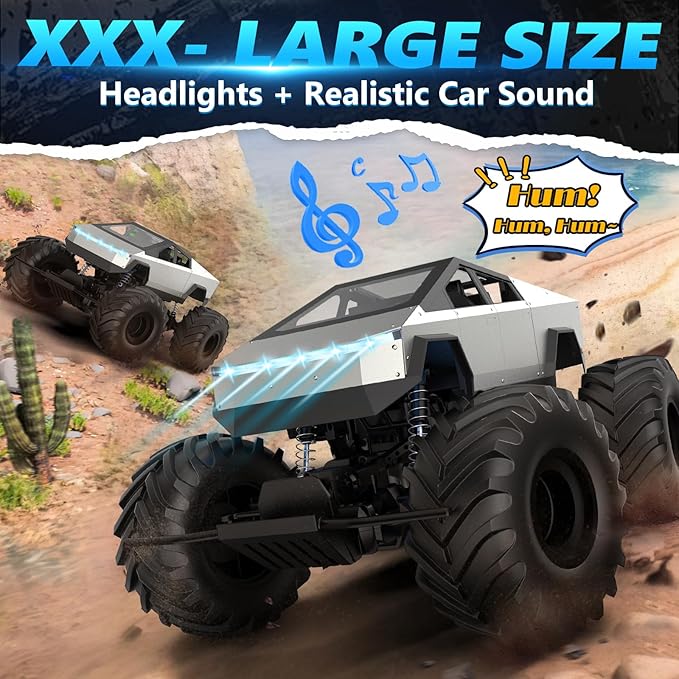 INGQU® 1:8 Big Monster Truck Toys, XXX-Large Alloy 4WD Off Road Remote Control Truck with 3 Powerful Motors LED Headlight, 2.4GHz All Terrain Rock Crawler RC Truck for Boys Kids Age 6 7 8 9 10-12+