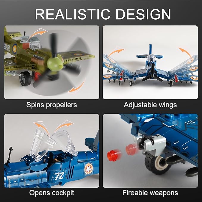 WW2 Military Plane Building Sets Compatible with Lego, Create US F4U & UK Spitfire Fighter Jet Models Toys, Great Army Airplane Aircraft Gifts for Boys Kids