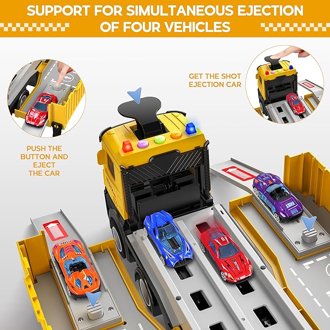 Carrier Truck Race Track Kids Toys, Foldable 3 Layer Toddler Track Playset, Toy Truck Transport Car Carrier & 8 Race Cars, Truck Car Toddlers Toys B-Day Gifts for Age 3 4 5 6+ Years Old Boys Girls