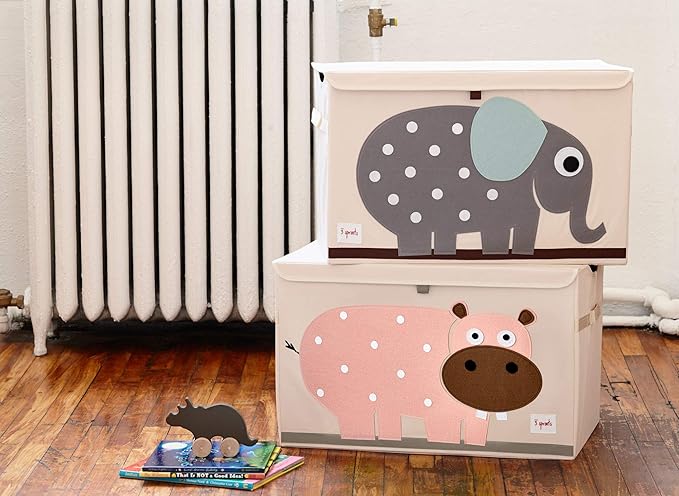 3 Sprouts Large Toy Chest for Kids with Lid and Handles - Collapsible Toy Storage Bin/Trunk/Box/Basket Organizer for Boys & Girls Playroom, Nursery, Hippo