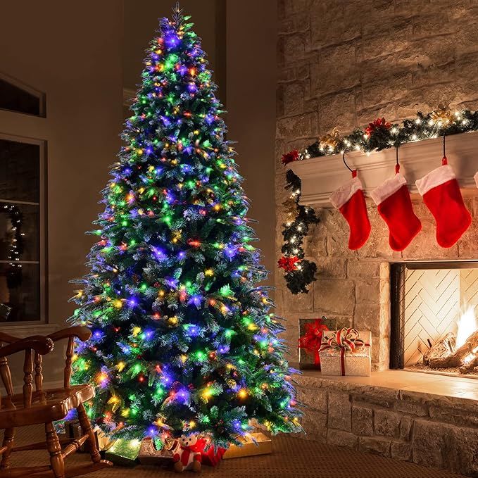 GOFLAME 9ft Pre-Lit Artificial Christmas Tree, Realistic Xmas Tree w/ 2599 Branch Tips, 780 Multi-Color LED Lights, 63 Pinecones & Red Berries, Pine Tree w/ 11 Flash Modes for Holiday Decoration