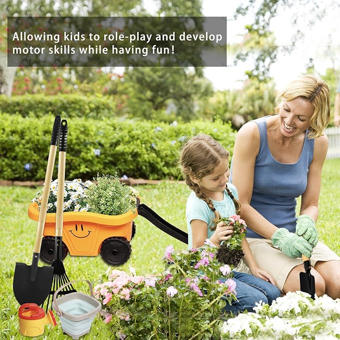 Kids Gardening Tools Set, 8 Pieces, Wagon with Beach and Garden Tools, Shovel, Rake, Outdoor Toys for Kids 3-4 Years Old