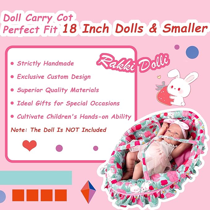 Doll Carry Cot Set, Soft Doll Carrier Basket Bassinet Includes 1 Cot and 1 Pillow, Rose Rabbit Doll Bassinet, Fits for 18-inch American Girl Dolls