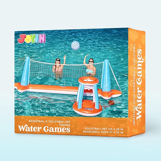 JOYIN XL Inflatable Pool Float Set, 125'' Volleyball Net & Basketball Hoops, Extra Large Floating Swimming Game Toy for Kids and Adults, Summer Floaties, Volleyball Court|Basketball, XL-Orange