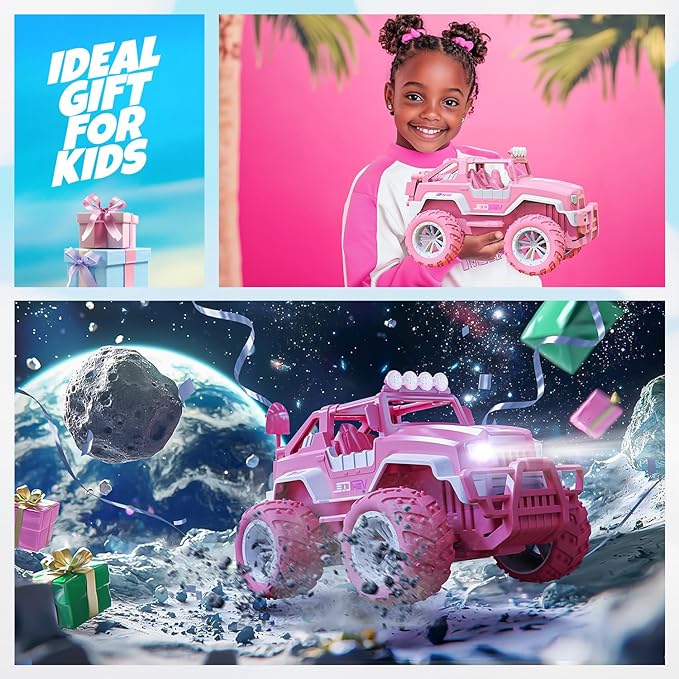 BEZGAR Remote Control Car for Girls - 1:16 Pink RC Cars with 4 Windmills, 2.4GHz with LED Lights, 80 Mins Play with Rechargeable Battery, Truck Jeep Toys for Kids