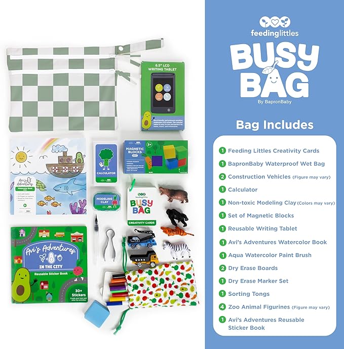 BapronBaby Feeding Littles Busy Bag (Sage Checkerboard) - Toddler Travel Activity Kit, Restaurant Activity Kit for Independent and Family-Wide Play, Age 3+