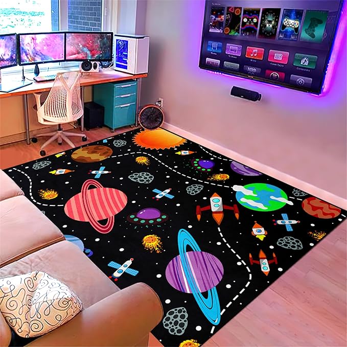 Outer Space Area Rugs - 4'×5' Boys Galaxy Planet for Bedroom Carpet Rug Solar System Rugs Space Rugs for Bedroom Boys Space Area Rug Living Dining Room Decor Crystal Polyester Door Mats