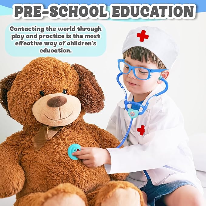 deAO Doctor Kit for Kids Ages 3+, Pretend Doctor Play Set with Doctor Cart, Costume and Stethoscope, Toddlers Doctor Role Playset Medical Kit for Girls Boys (Blue)