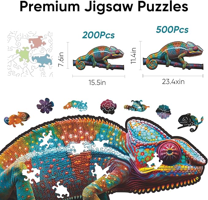 Wooden Puzzles for Adults, Chameleon Jigsaw Puzzles 500 Piece, Unique Shape Puzzles for Adults and Kids, Fun Challenging Puzzles Family Game Gift, 23.5 x 11.47 Inches
