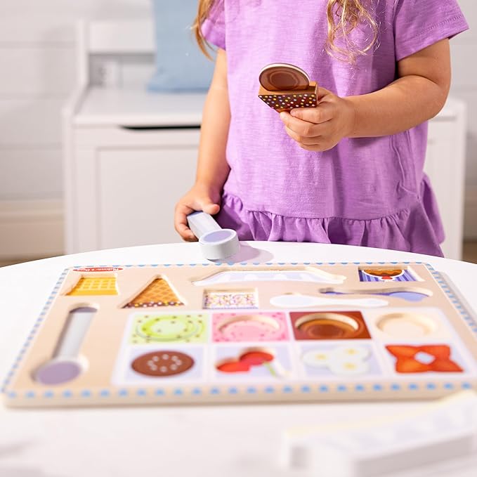 Melissa & Doug Ice Cream Wooden Magnetic Puzzle Play Set, 16 Magnet Pieces with Scooper, Wooden Play Food Toy for Boys and for Girls Ages 2+