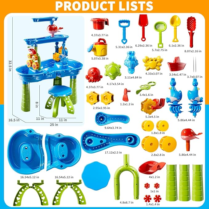 3-Tier Kids Water Table for Toddlers Kids Ages 3-5 4-8, Summer Outdoor Water Table Beach Kids Toys, Toddler Sensory Activity Sand Box Play Set with Rain Showers Splash Pond for Boys Girls