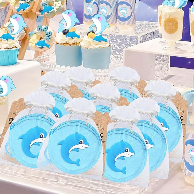 15 Pack Dolphin Mini Coin Purses with Keyring for Dolphin Ocean Sea Animals Under the Sea Themed Party Supplies, Kids Baby shower Birthday Decoration,Blue