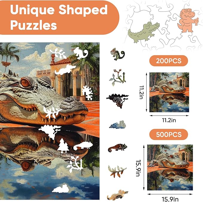 Wooden Puzzles for Adults, Outdoor Alligator Jigsaw Puzzles 200 Pieces, 11.2x11.2in, Unique Shaped Cool Reptile Animal Wood Adult Puzzle, Best Gifts for Adults and Kids Family Game