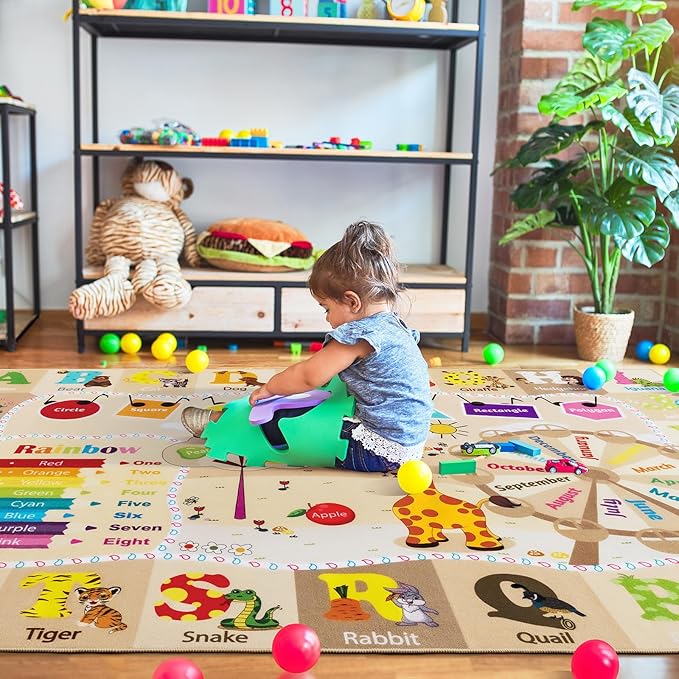 Playroom Rug Daycare Kids Rug 3x5,Educational and Fun Nursery Rug with ABC Alphabet Animals Classroom Rug Washable Kids Play Mat Baby Toddler Children Girls Rugs for Bedroom,Beige and Pink